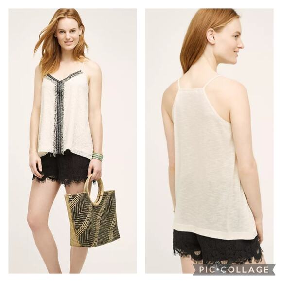 Anthropologie Tops - Anthropologie Akemi Kin Fringed Lace Tank Cream Black Size Small